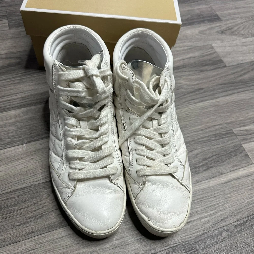 Michael Kors Paige Quilted High Top Sneaker Leather Optic White 9 - Picture 2 of 6